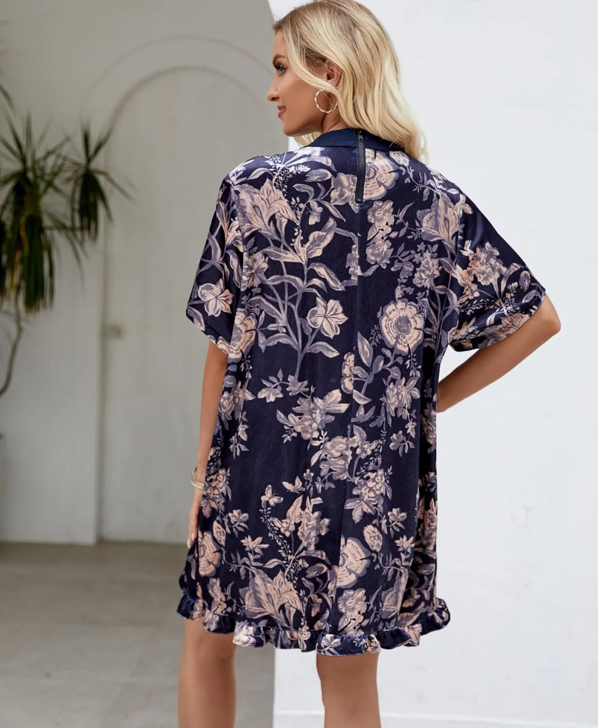 Aimiray Women's Vintage Velvet Dress Round Neck Short Sleeve Floral Printed Mini Flowy Dress