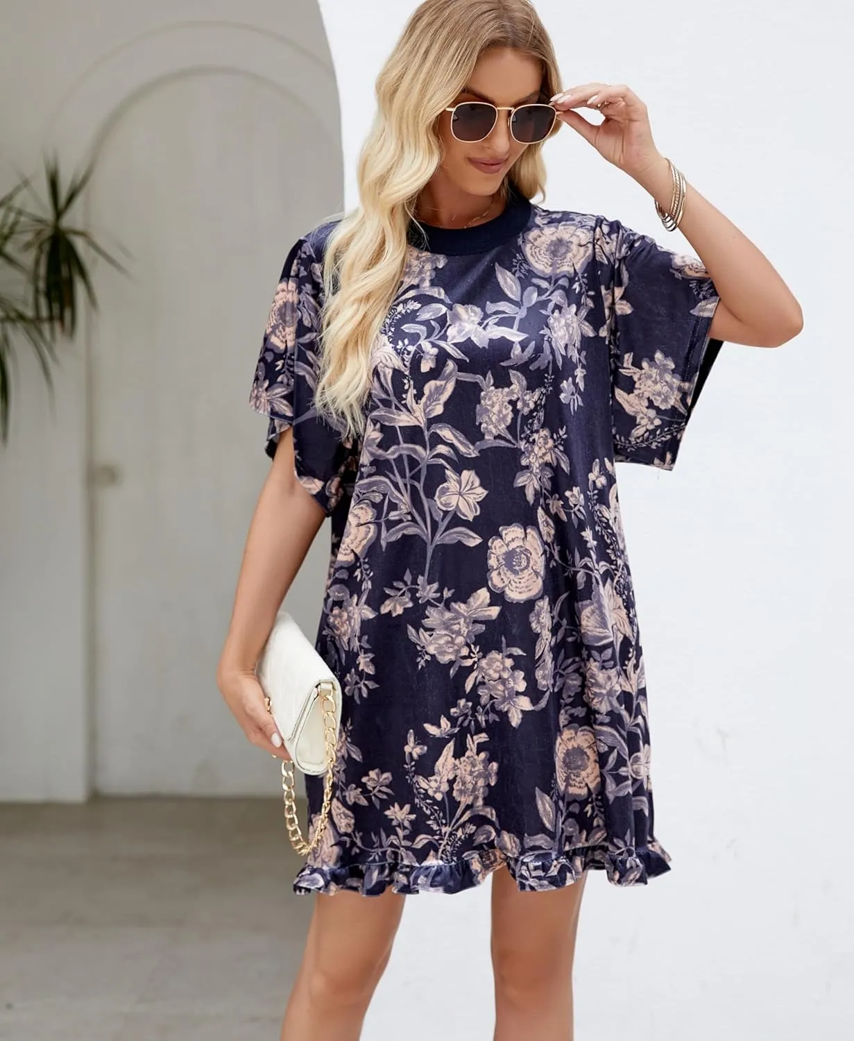 Aimiray Women's Vintage Velvet Dress Round Neck Short Sleeve Floral Printed Mini Flowy Dress