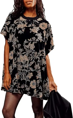 Aimiray Women's Vintage Velvet Dress Round Neck Short Sleeve Floral Printed Mini Flowy Dress