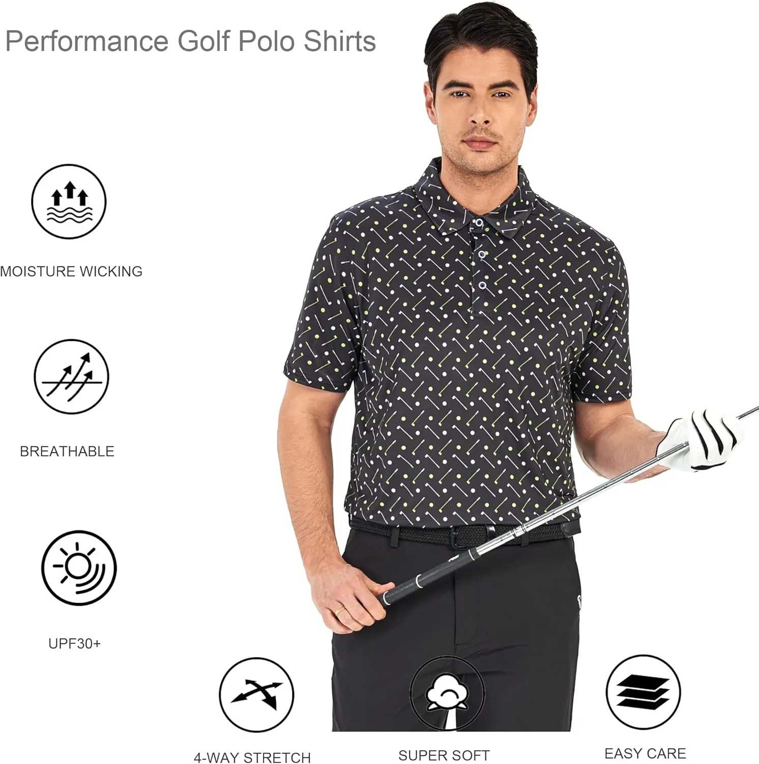 Alex Vando Mens Golf Shirt Moisture Wicking Quick-Dry Print Performance Polo Shirts for Men