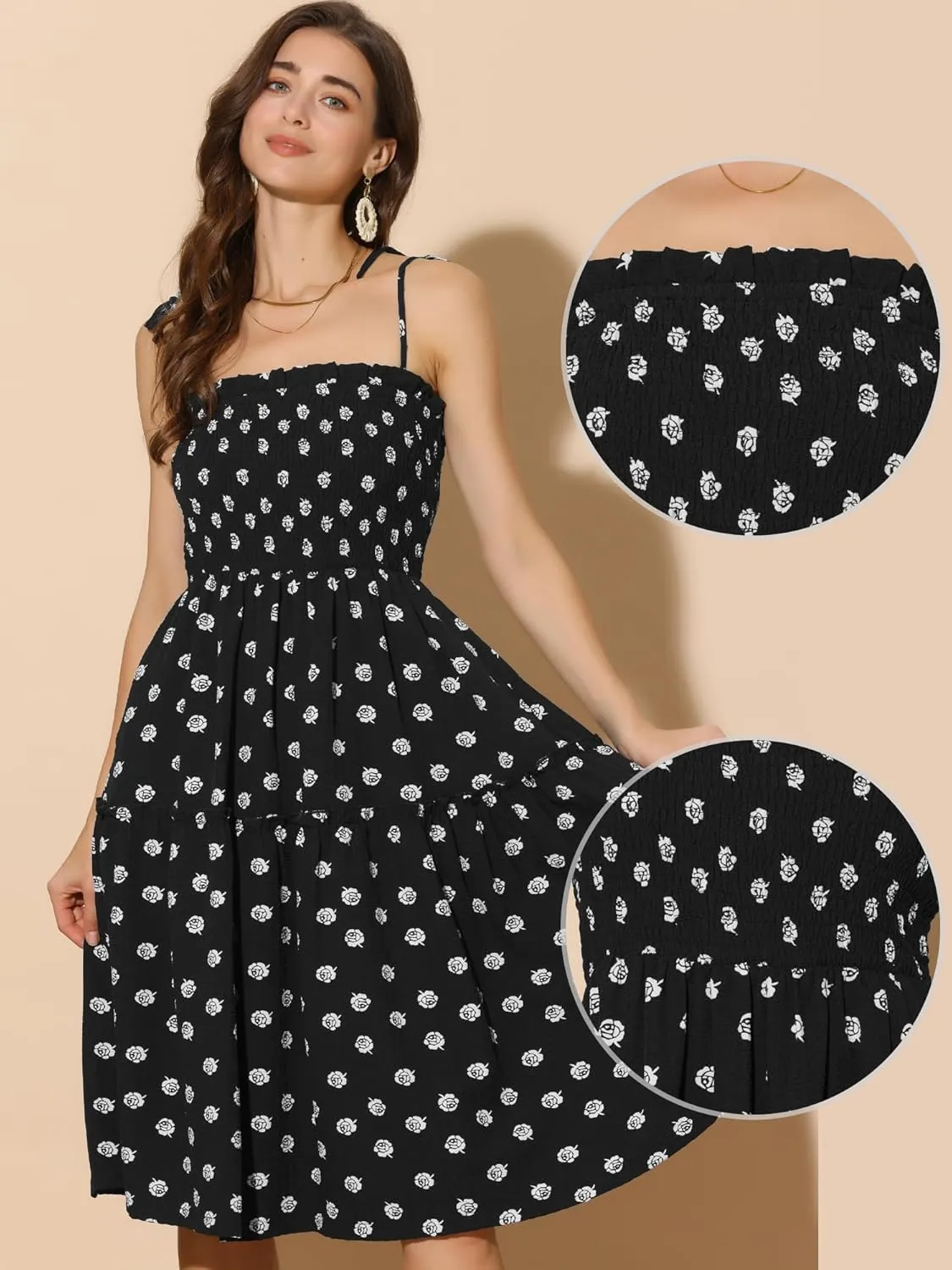 Allegra K Summer Dresses for Women's Smocked Spaghetti Strap Sleeveless Tiered Floral Midi Sundress