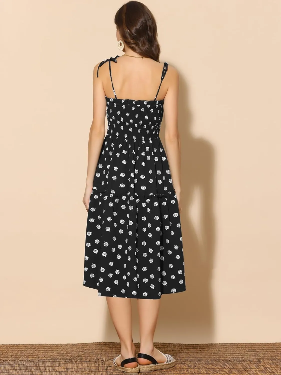 Allegra K Summer Dresses for Women's Smocked Spaghetti Strap Sleeveless Tiered Floral Midi Sundress
