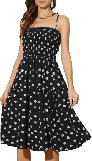 Allegra K Summer Dresses for Women's Smocked Spaghetti Strap Sleeveless Tiered Floral Midi Sundress