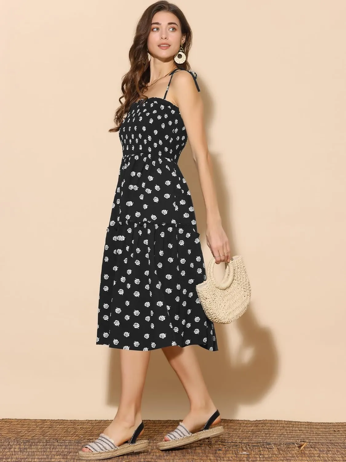 Allegra K Summer Dresses for Women's Smocked Spaghetti Strap Sleeveless Tiered Floral Midi Sundress