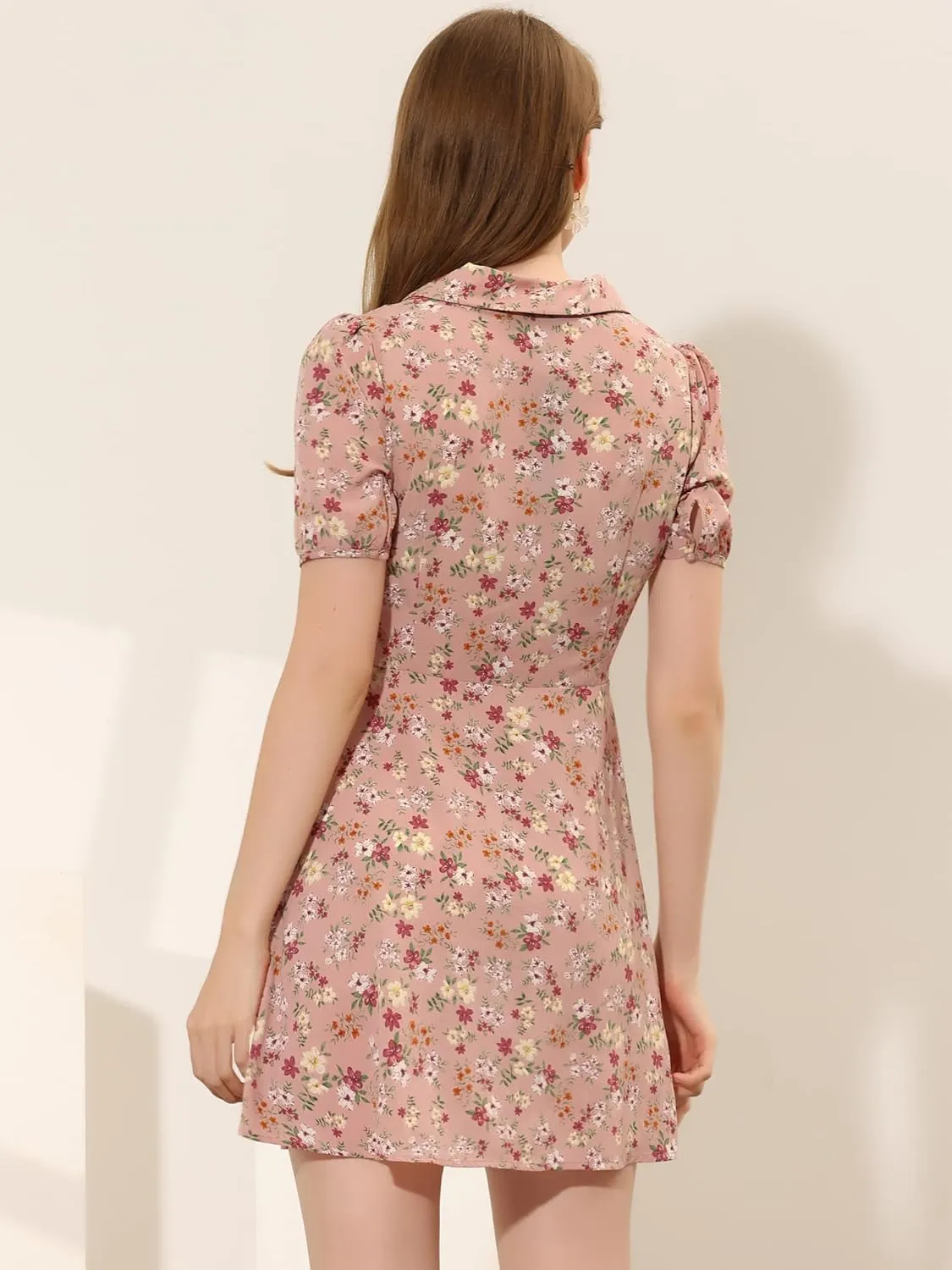 Allegra K Women's Button Up Short Sleeve A-Line Chiffon Vintage Floral Shirt Dress