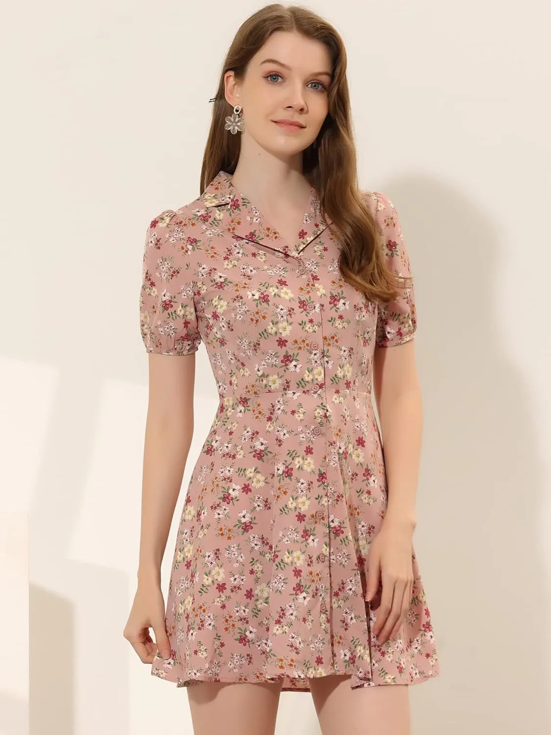Allegra K Women's Button Up Short Sleeve A-Line Chiffon Vintage Floral Shirt Dress