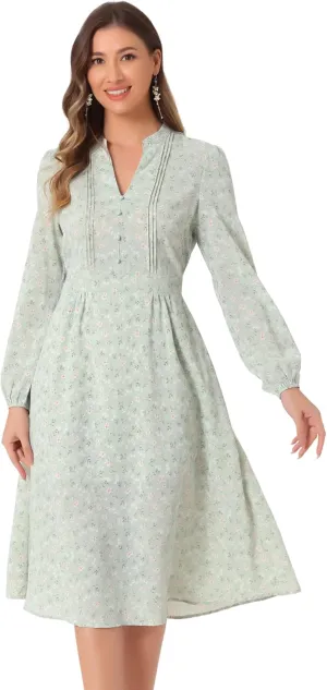 Allegra K Women's Floral Print V Neck Long Sleeve High Waist Pleated Front Spring Flowy Midi Boho Dress