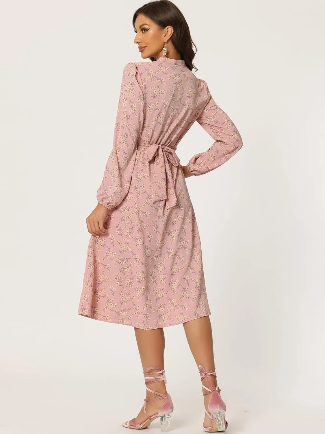 Allegra K Women's Floral Print V Neck Long Sleeve High Waist Pleated Front Spring Flowy Midi Boho Dress
