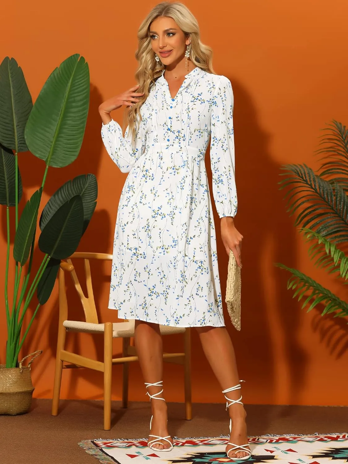 Allegra K Women's Floral Print V Neck Long Sleeve High Waist Pleated Front Spring Flowy Midi Boho Dress