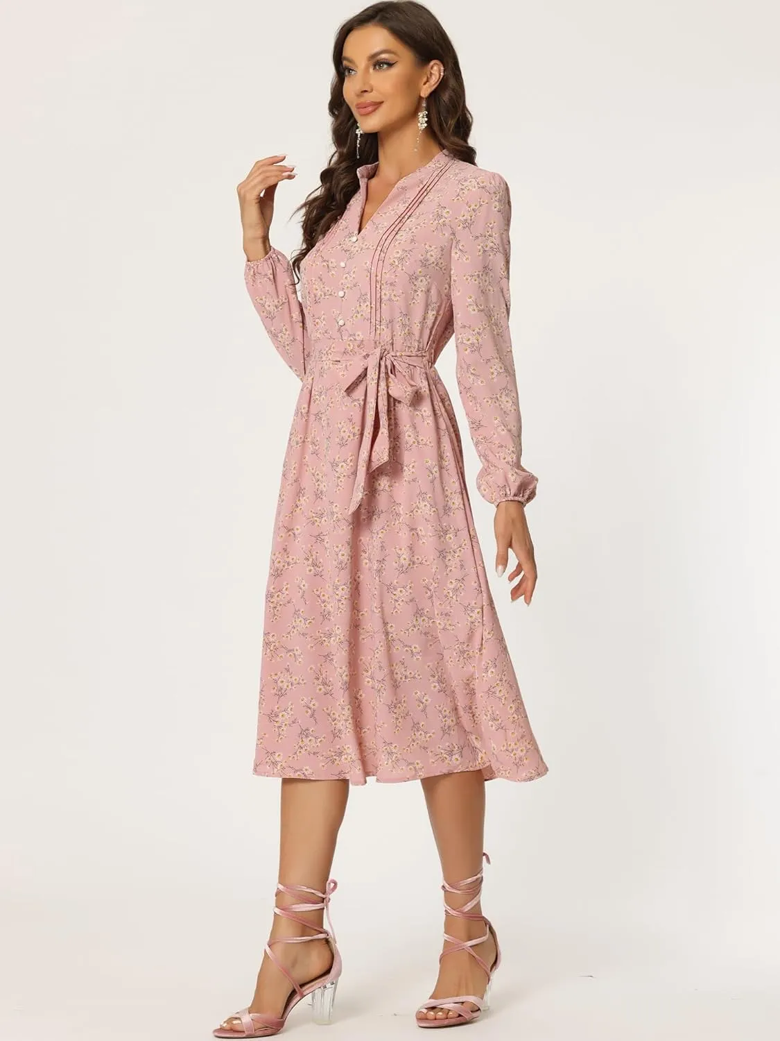 Allegra K Women's Floral Print V Neck Long Sleeve High Waist Pleated Front Spring Flowy Midi Boho Dress