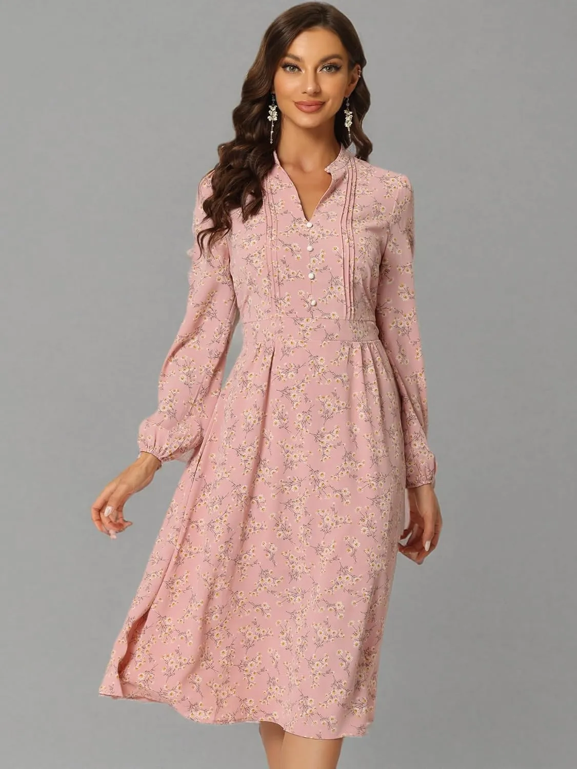 Allegra K Women's Floral Print V Neck Long Sleeve High Waist Pleated Front Spring Flowy Midi Boho Dress