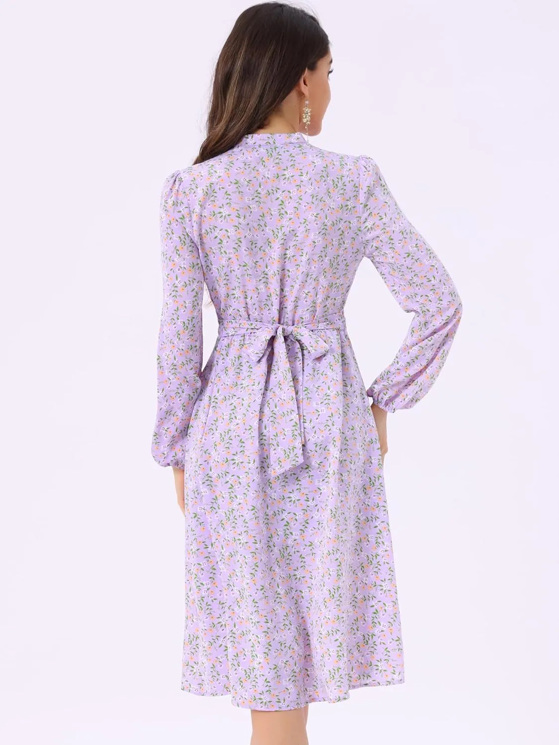 Allegra K Women's Floral Print V Neck Long Sleeve High Waist Pleated Front Spring Flowy Midi Boho Dress