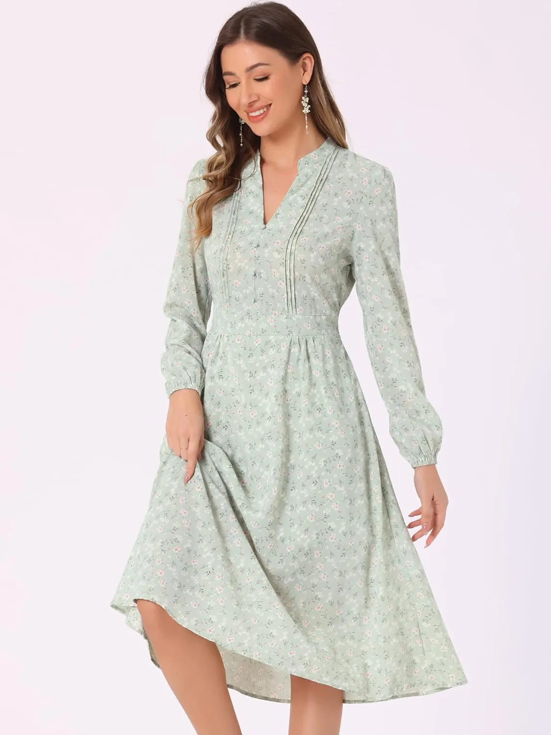 Allegra K Women's Floral Print V Neck Long Sleeve High Waist Pleated Front Spring Flowy Midi Boho Dress