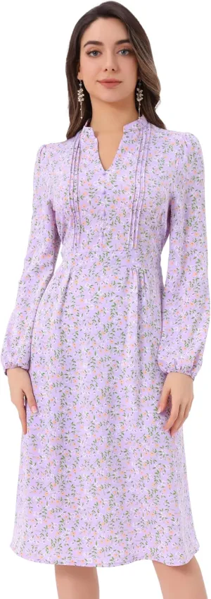 Allegra K Women's Floral Print V Neck Long Sleeve High Waist Pleated Front Spring Flowy Midi Boho Dress