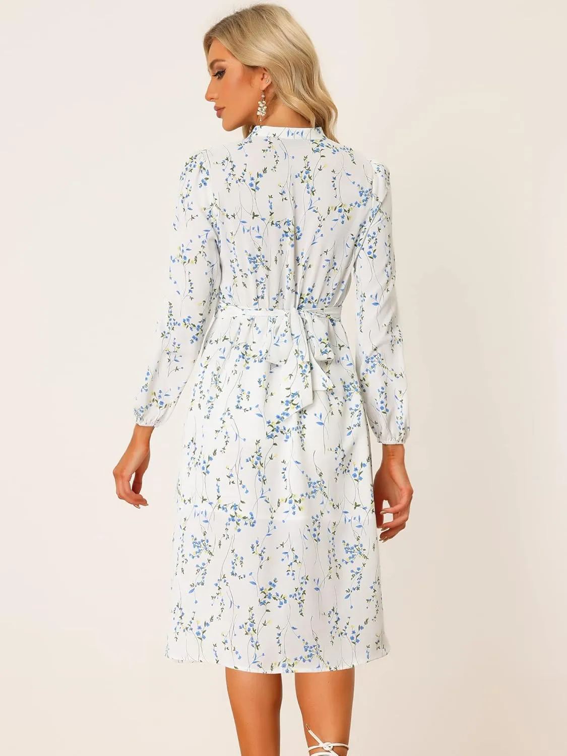 Allegra K Women's Floral Print V Neck Long Sleeve High Waist Pleated Front Spring Flowy Midi Boho Dress
