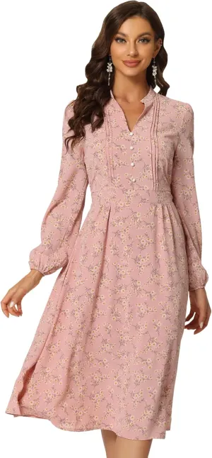 Allegra K Women's Floral Print V Neck Long Sleeve High Waist Pleated Front Spring Flowy Midi Boho Dress