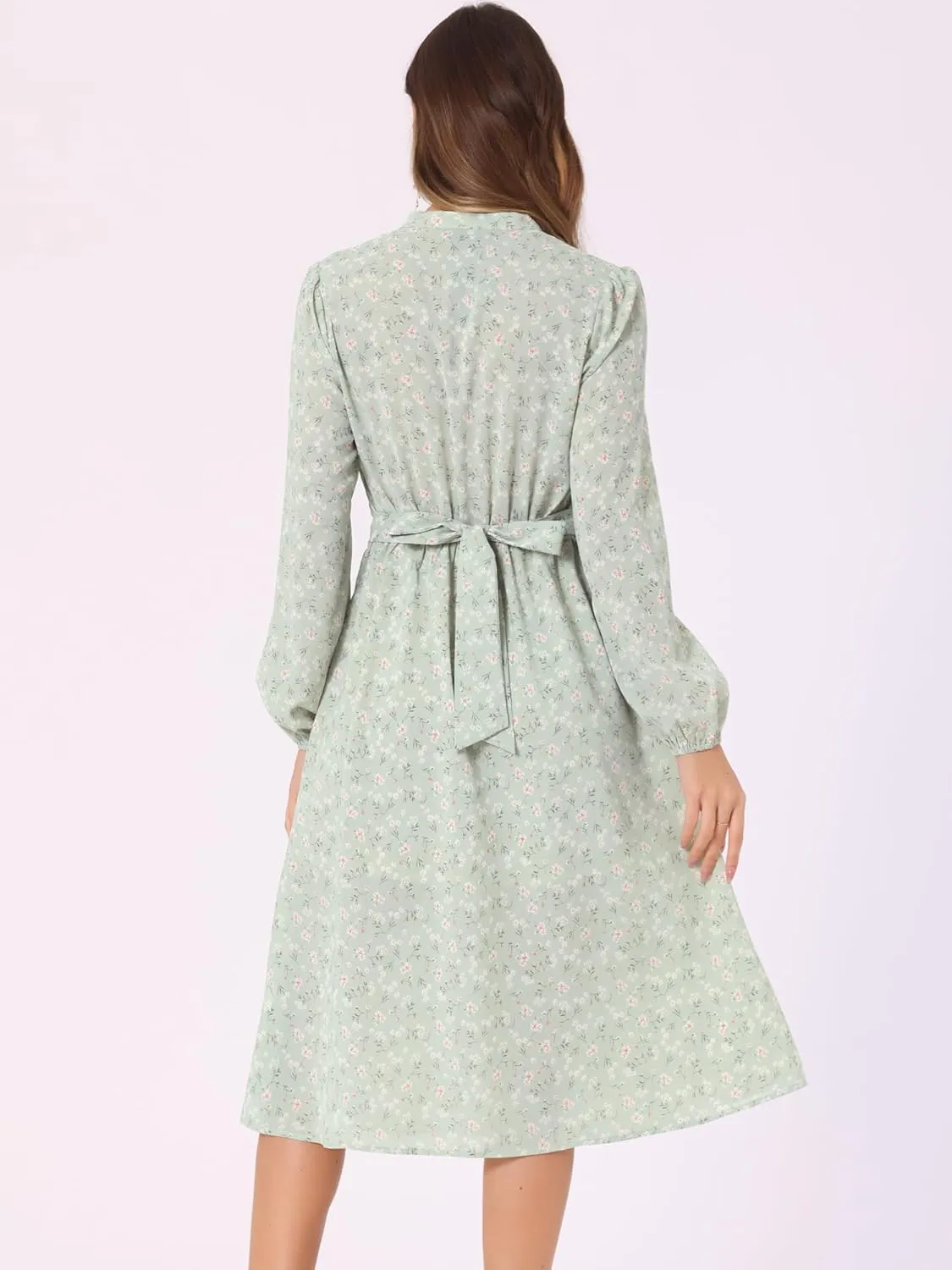 Allegra K Women's Floral Print V Neck Long Sleeve High Waist Pleated Front Spring Flowy Midi Boho Dress