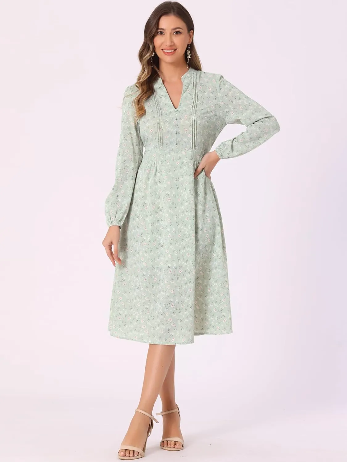 Allegra K Women's Floral Print V Neck Long Sleeve High Waist Pleated Front Spring Flowy Midi Boho Dress
