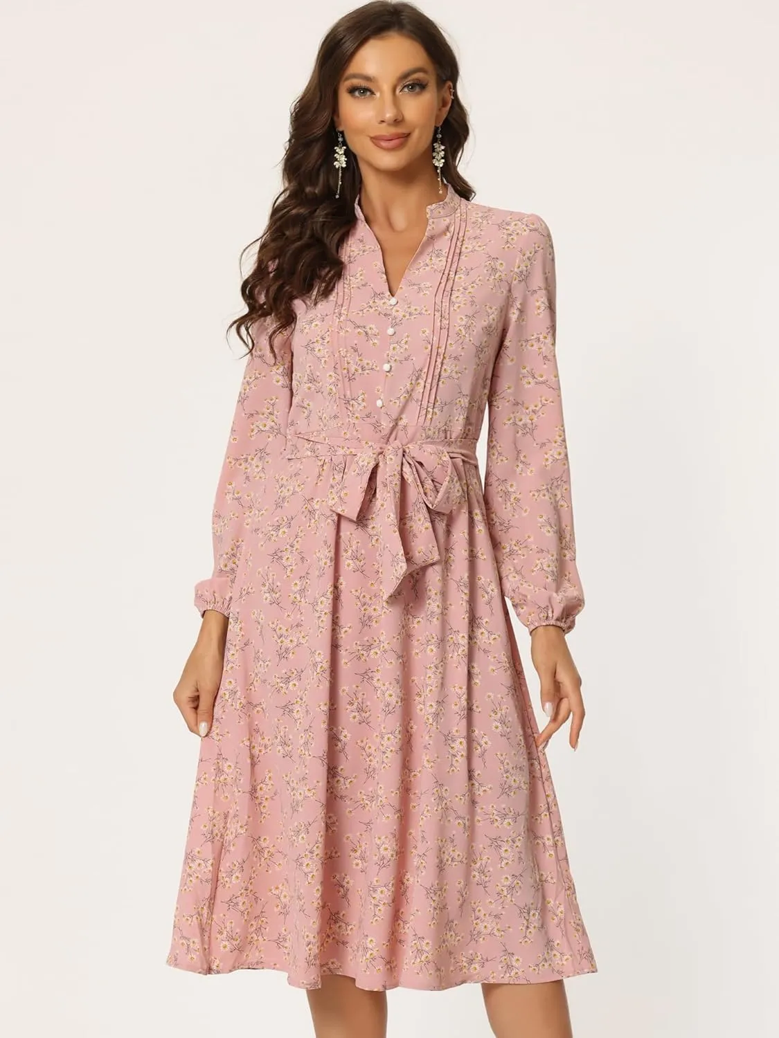 Allegra K Women's Floral Print V Neck Long Sleeve High Waist Pleated Front Spring Flowy Midi Boho Dress