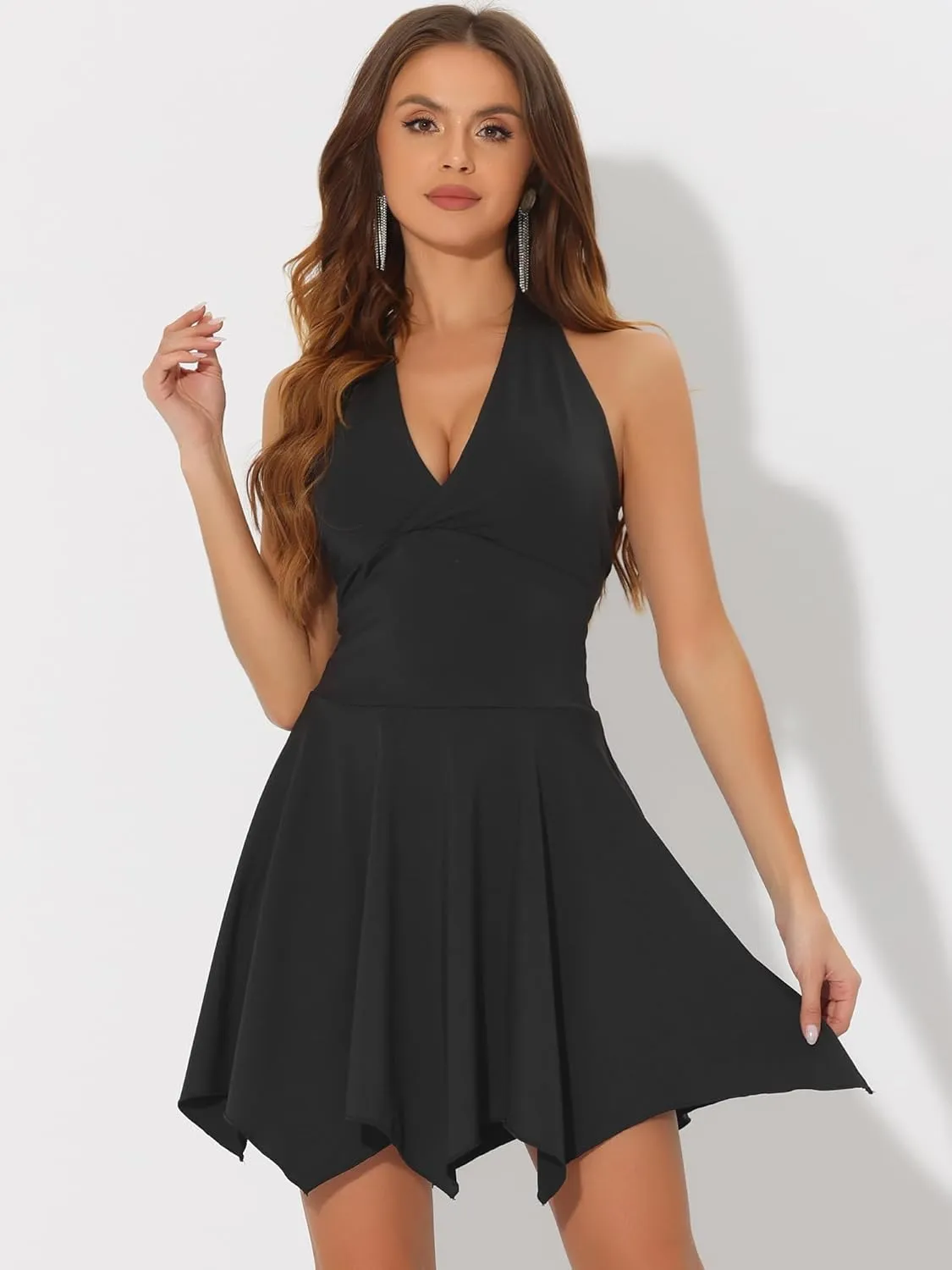 Allegra K Women's Halter Deep V Neck Sleeveless Backless Skater Mini Dress