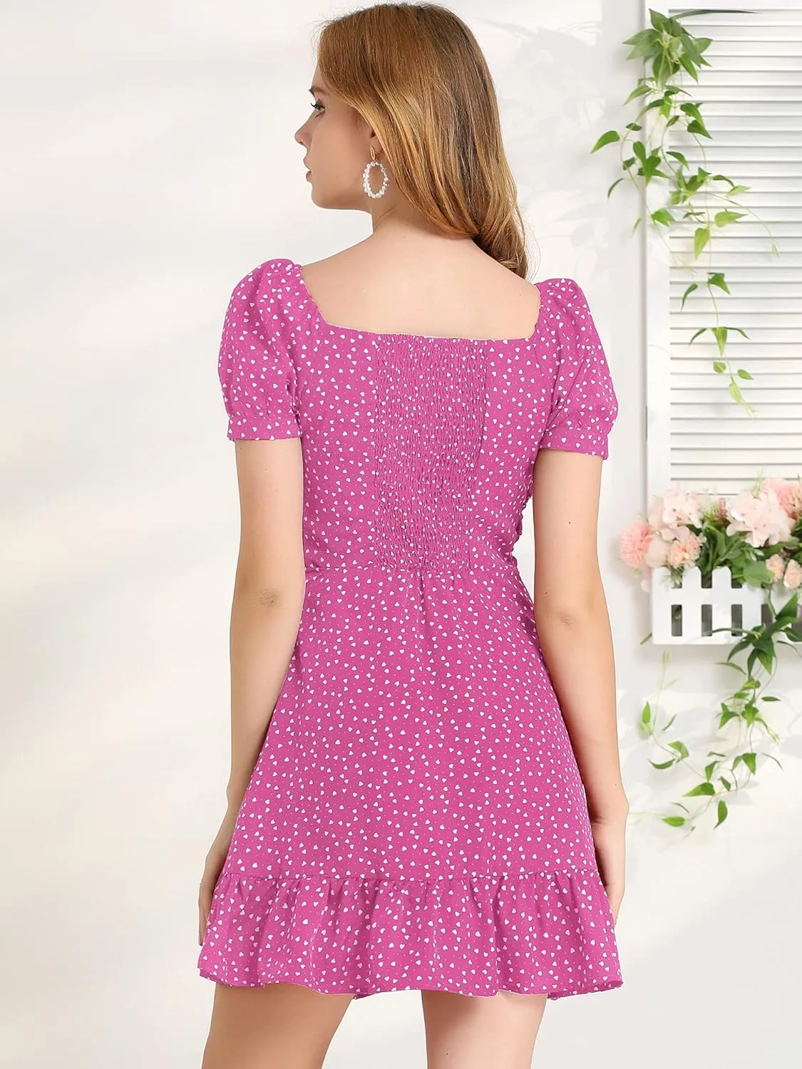 Allegra K Women's Heart Sweetheart Neckline Puff Sleeve Ruffled Hem Tie Knot Mini Dress