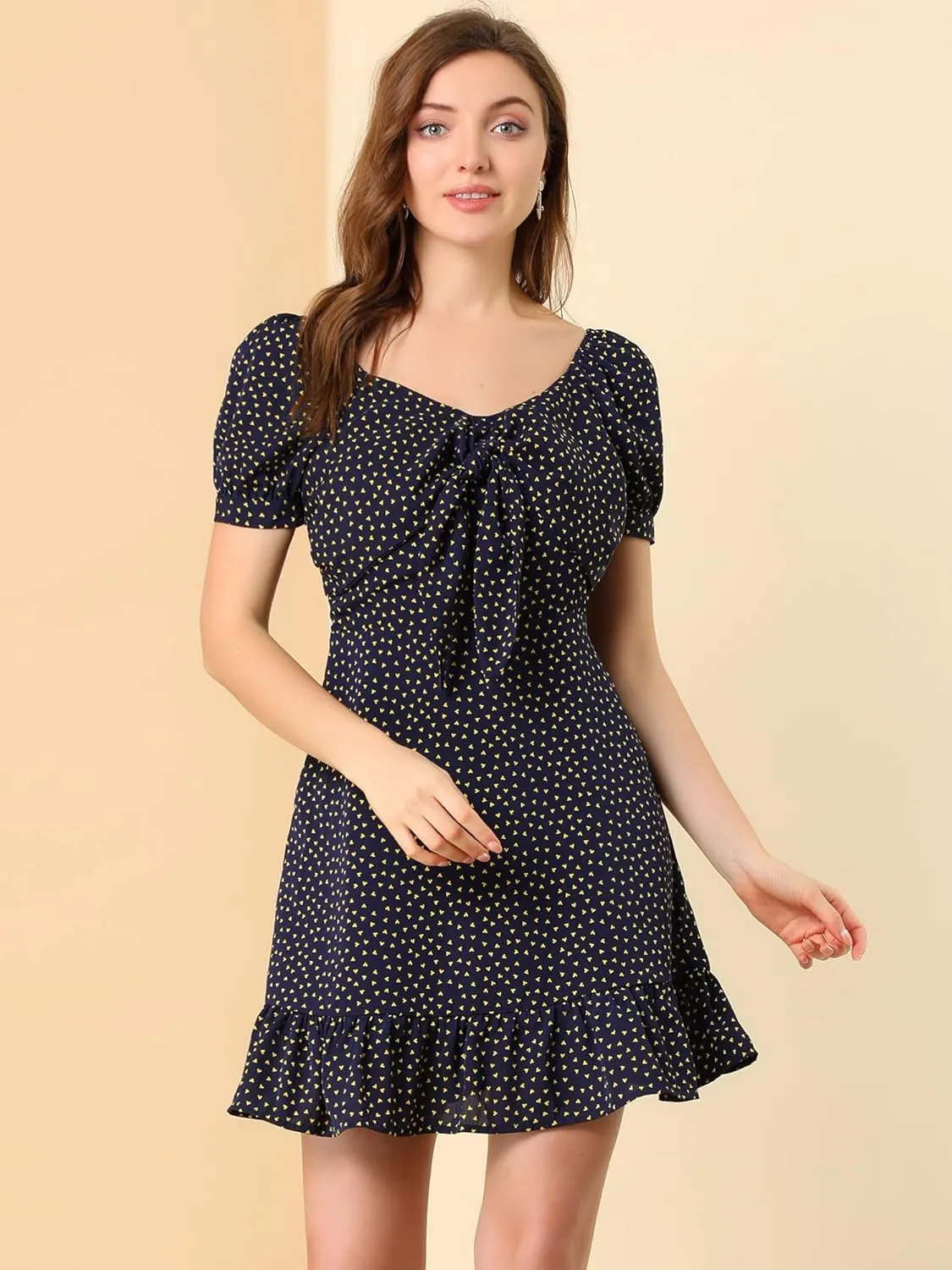 Allegra K Women's Heart Sweetheart Neckline Puff Sleeve Ruffled Hem Tie Knot Mini Dress
