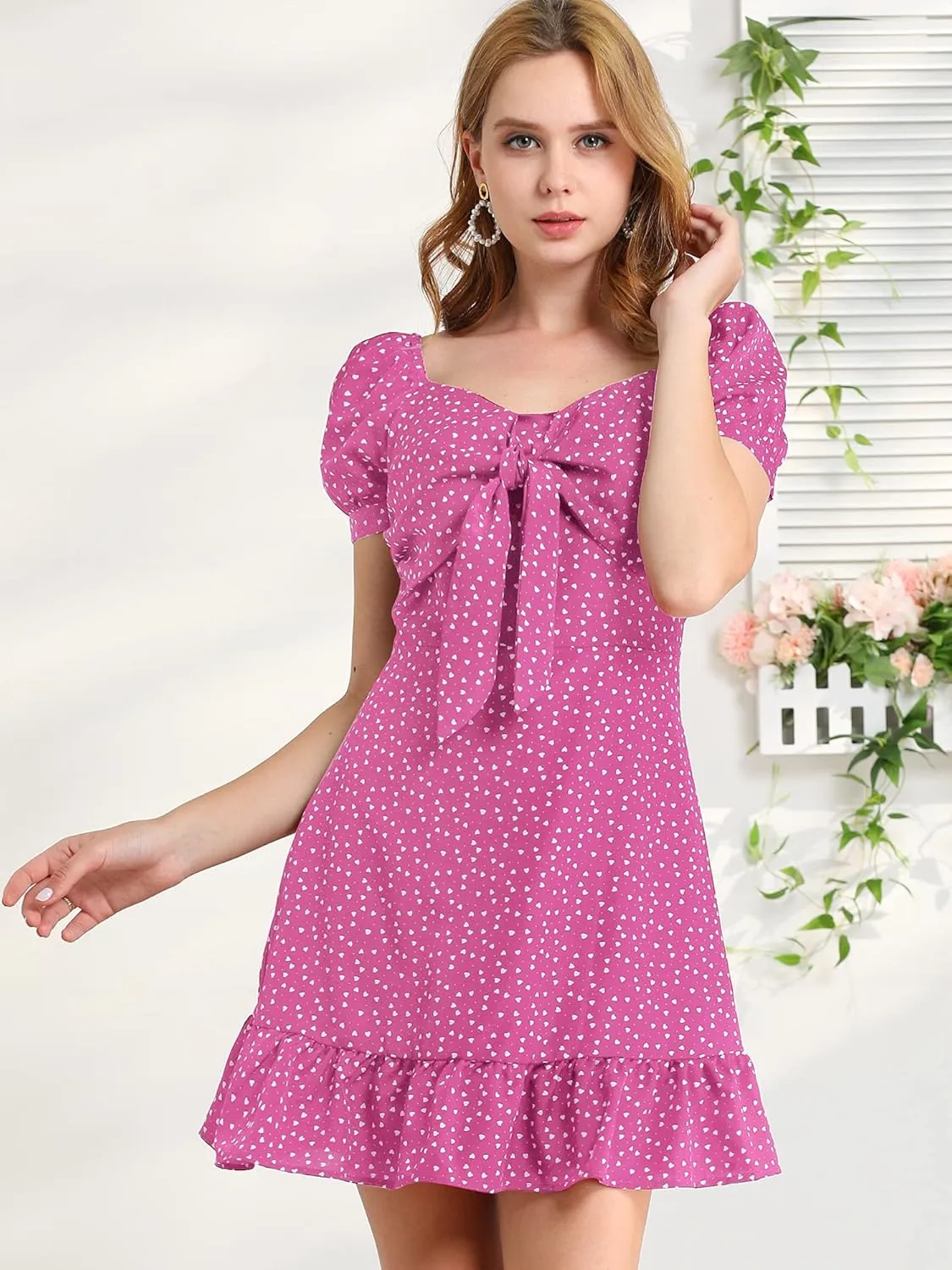 Allegra K Women's Heart Sweetheart Neckline Puff Sleeve Ruffled Hem Tie Knot Mini Dress