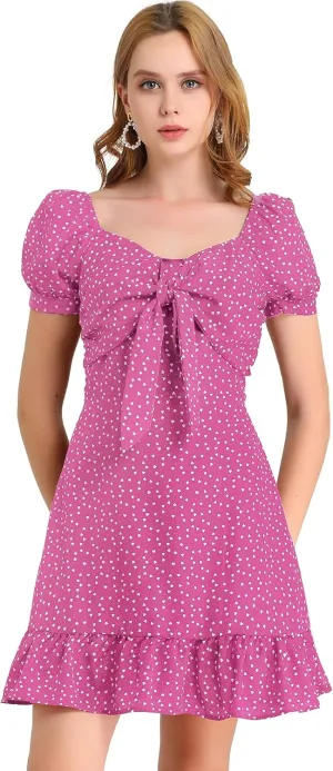 Allegra K Women's Heart Sweetheart Neckline Puff Sleeve Ruffled Hem Tie Knot Mini Dress