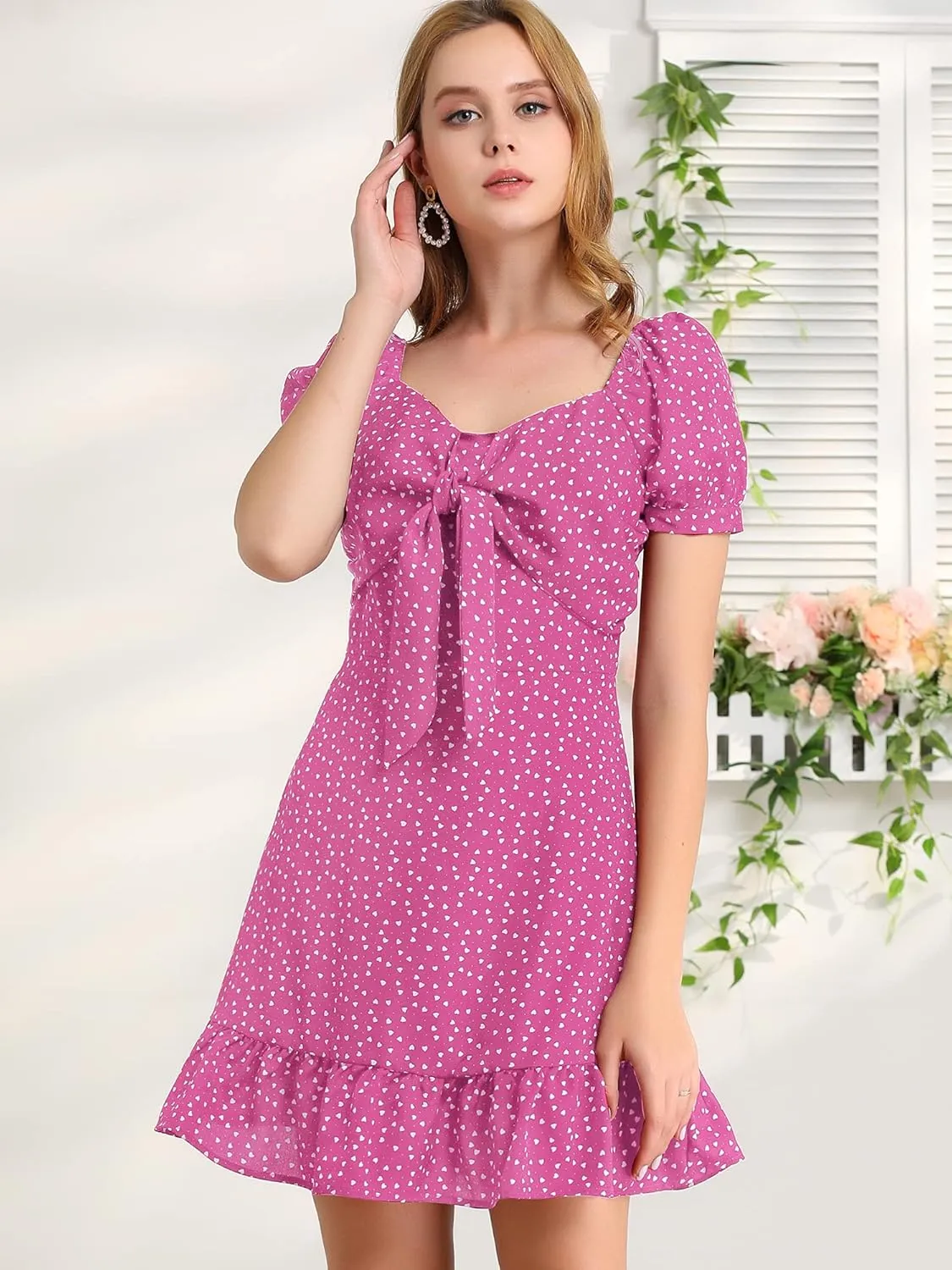 Allegra K Women's Heart Sweetheart Neckline Puff Sleeve Ruffled Hem Tie Knot Mini Dress