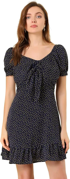 Allegra K Women's Heart Sweetheart Neckline Puff Sleeve Ruffled Hem Tie Knot Mini Dress