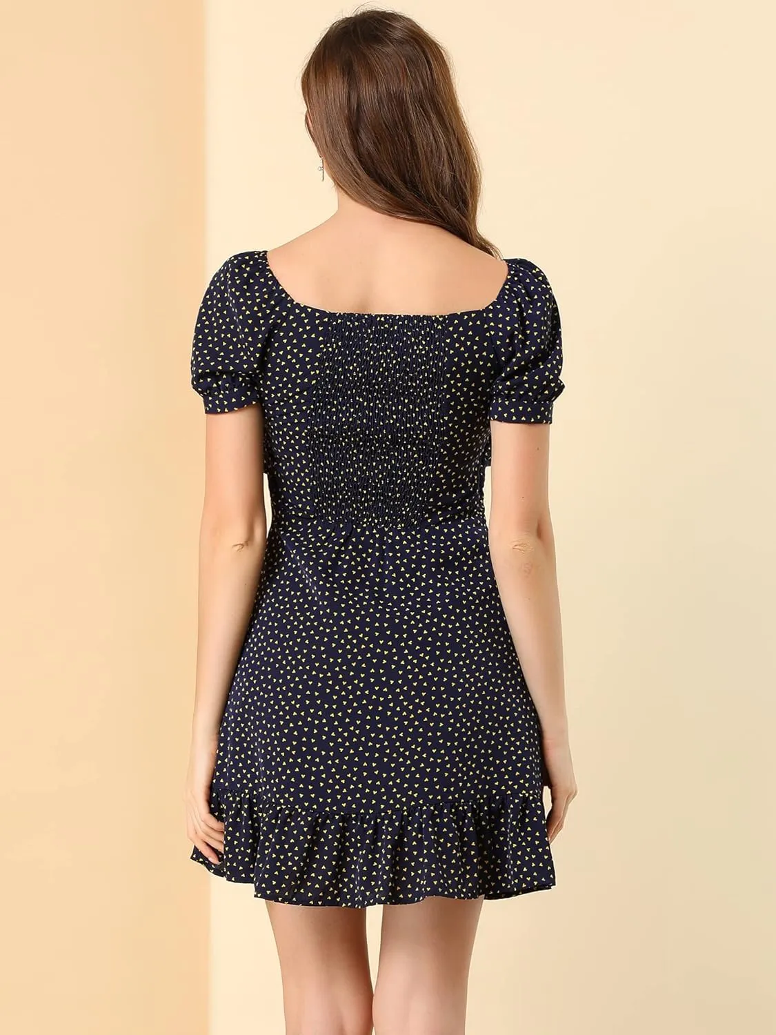 Allegra K Women's Heart Sweetheart Neckline Puff Sleeve Ruffled Hem Tie Knot Mini Dress