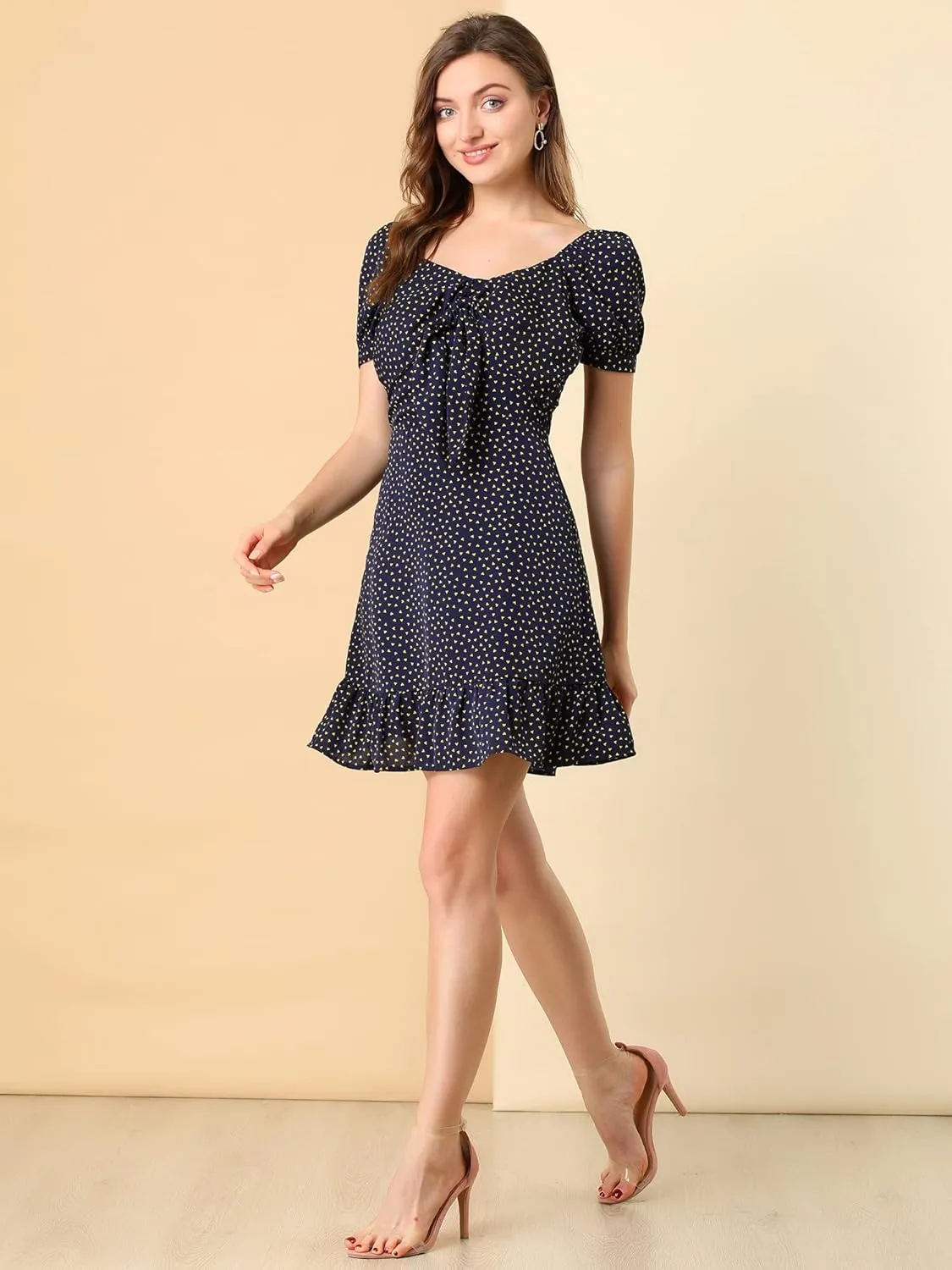 Allegra K Women's Heart Sweetheart Neckline Puff Sleeve Ruffled Hem Tie Knot Mini Dress