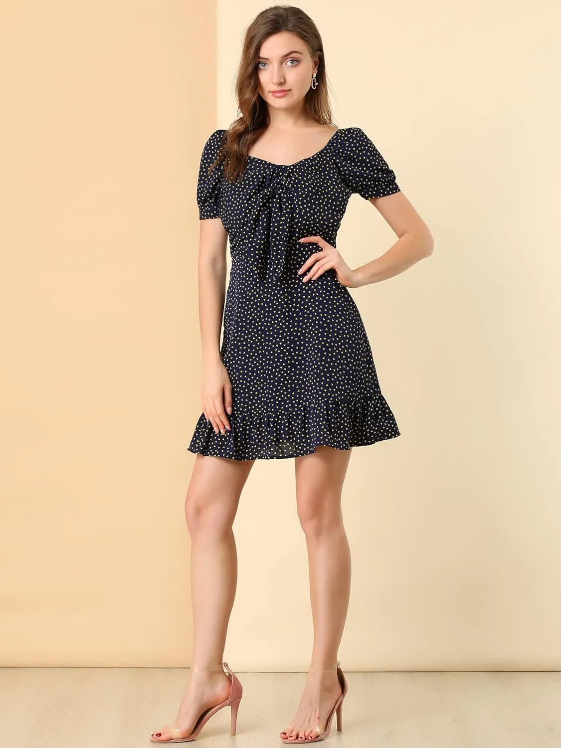 Allegra K Women's Heart Sweetheart Neckline Puff Sleeve Ruffled Hem Tie Knot Mini Dress