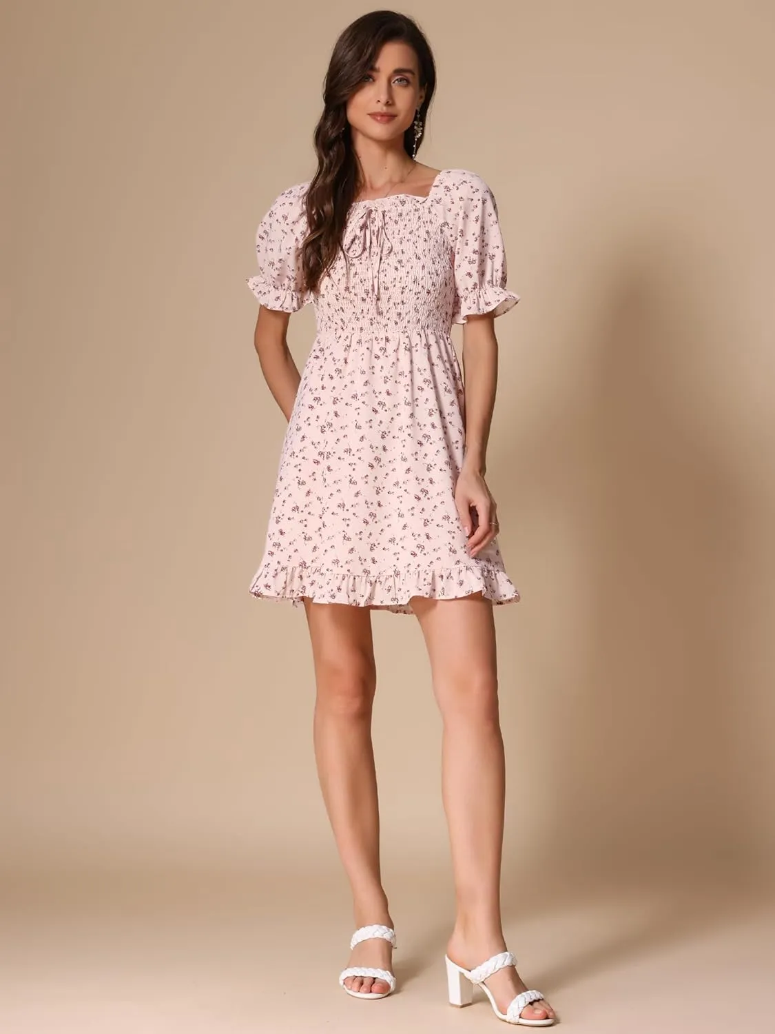 Allegra K Women's Puff Sleeve Square Neck Ruffled Hem Floral Smocked Dress