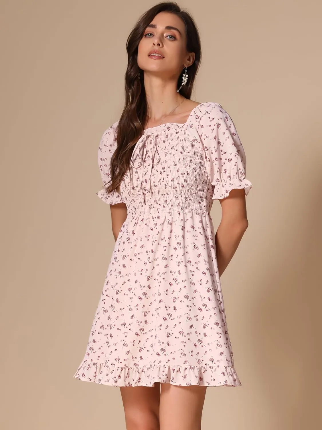 Allegra K Women's Puff Sleeve Square Neck Ruffled Hem Floral Smocked Dress