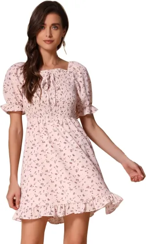 Allegra K Women's Puff Sleeve Square Neck Ruffled Hem Floral Smocked Dress