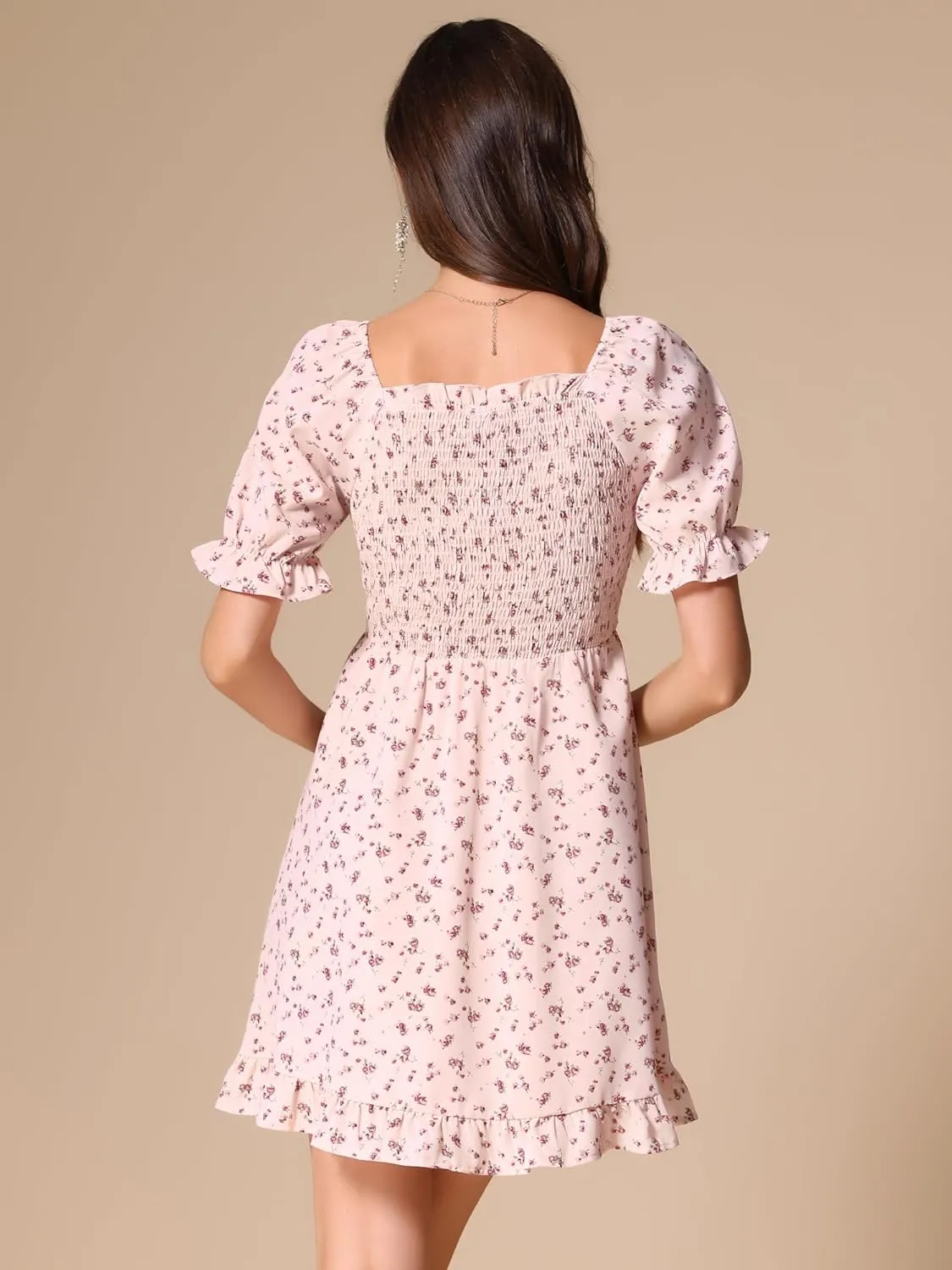 Allegra K Women's Puff Sleeve Square Neck Ruffled Hem Floral Smocked Dress