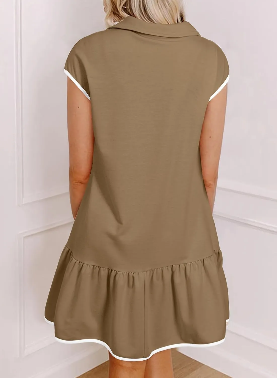 AlvaQ Women Dresses Casual Spring Summer Colorblock Cap Sleeve Half Zip Patchwork Mini Dress with Pockets