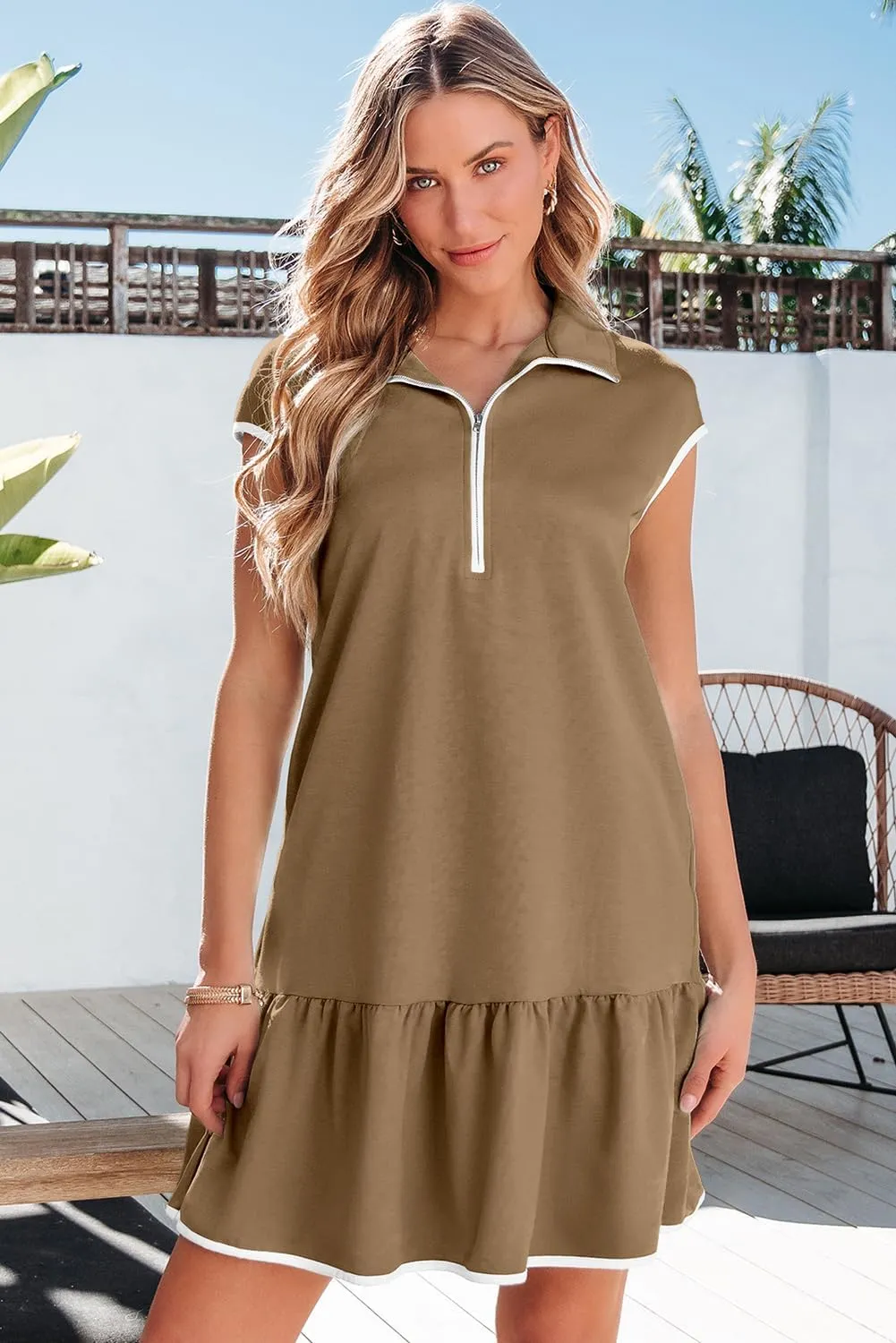 AlvaQ Women Dresses Casual Spring Summer Colorblock Cap Sleeve Half Zip Patchwork Mini Dress with Pockets