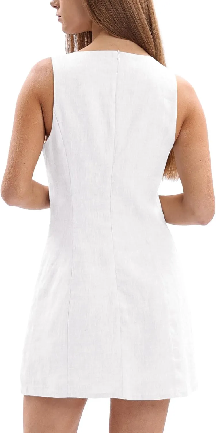 Amazhiyu Womens 100% Linen Summer V Neck Tie Front Sleeveless Mini Tank Dress