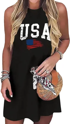 American Flag Tank Dress for Women 4th of July Patriotic Graphic Sleeveless Mini Dress Casual Vacation Short Dresses