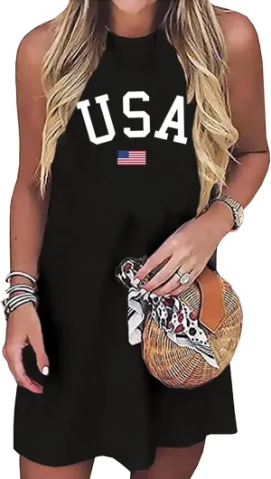 American Flag Tank Dress for Women 4th of July Patriotic Graphic Sleeveless Mini Dress Casual Vacation Short Dresses