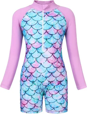 AmzBarley Girls Swimwear Mermaid Rash Guard Shirt One Piece Swimsuit Kids Fish Scale Bathing Suit UPF 50  Sunsuit 2-10 Years