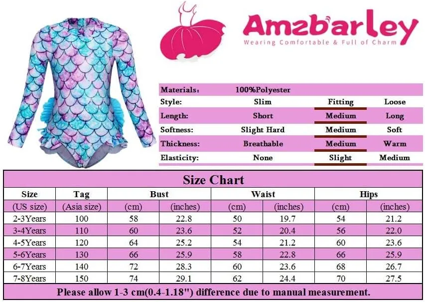 AmzBarley Girls Swimwear Mermaid Rash Guard Shirt One Piece Swimsuit Kids Fish Scale Bathing Suit UPF 50  Sunsuit 2-10 Years