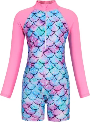 AmzBarley Girls Swimwear Mermaid Rash Guard Shirt One Piece Swimsuit Kids Fish Scale Bathing Suit UPF 50  Sunsuit 2-10 Years