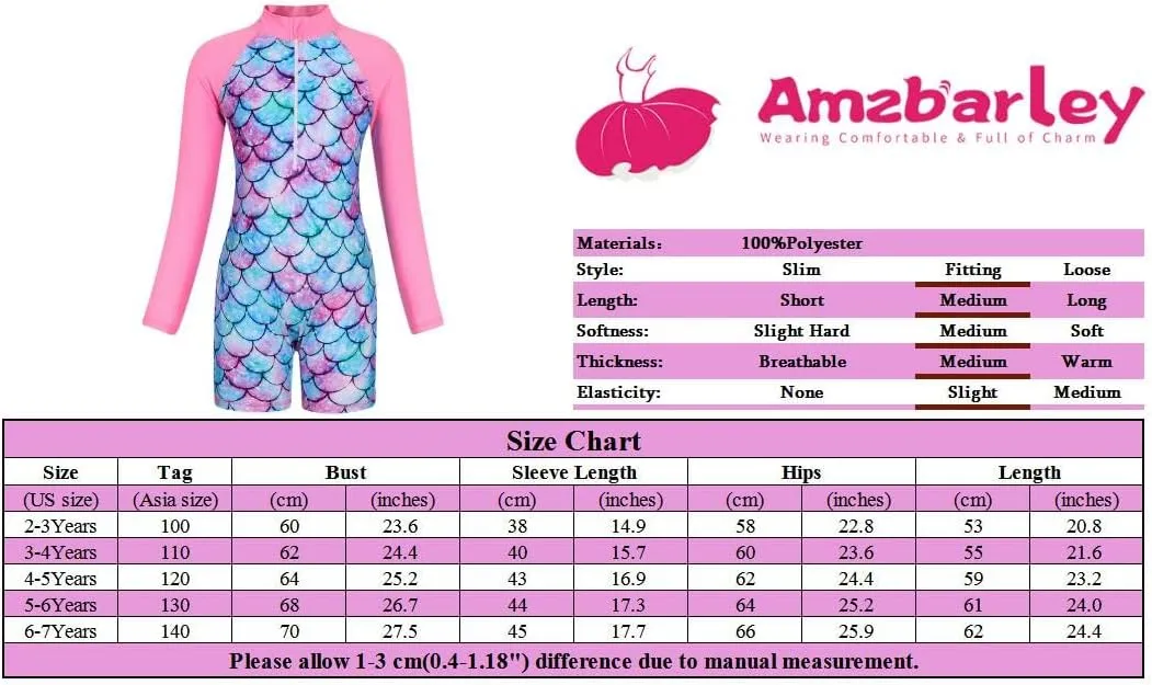 AmzBarley Girls Swimwear Mermaid Rash Guard Shirt One Piece Swimsuit Kids Fish Scale Bathing Suit UPF 50  Sunsuit 2-10 Years