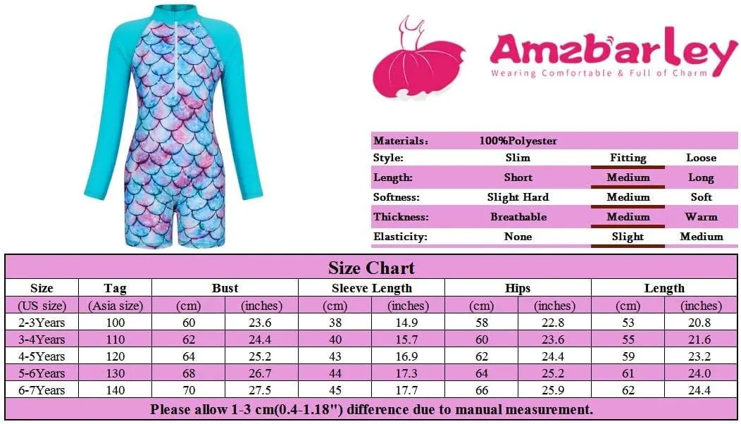 AmzBarley Girls Swimwear Mermaid Rash Guard Shirt One Piece Swimsuit Kids Fish Scale Bathing Suit UPF 50  Sunsuit 2-10 Years