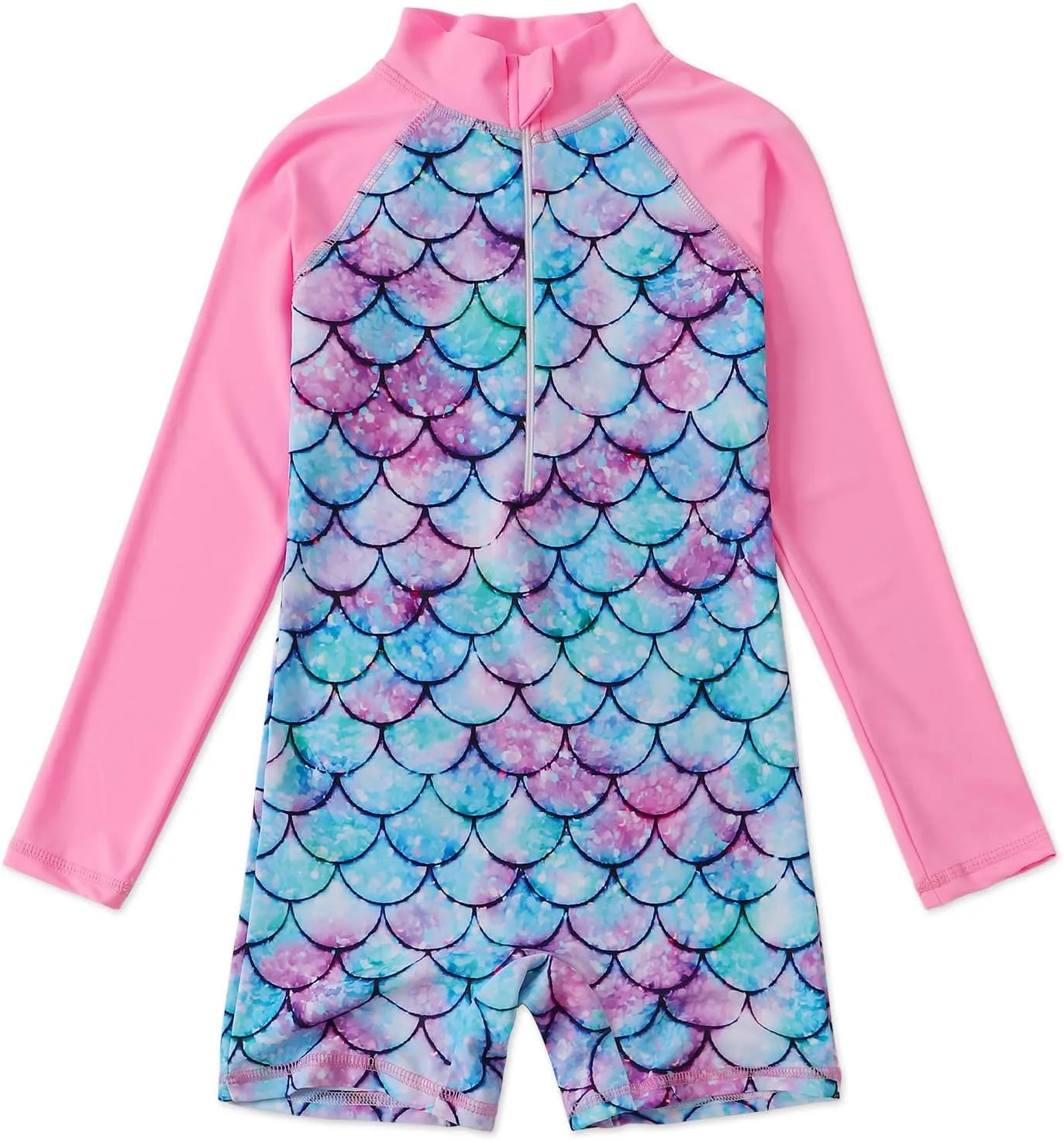 AmzBarley Girls Swimwear Mermaid Rash Guard Shirt One Piece Swimsuit Kids Fish Scale Bathing Suit UPF 50  Sunsuit 2-10 Years