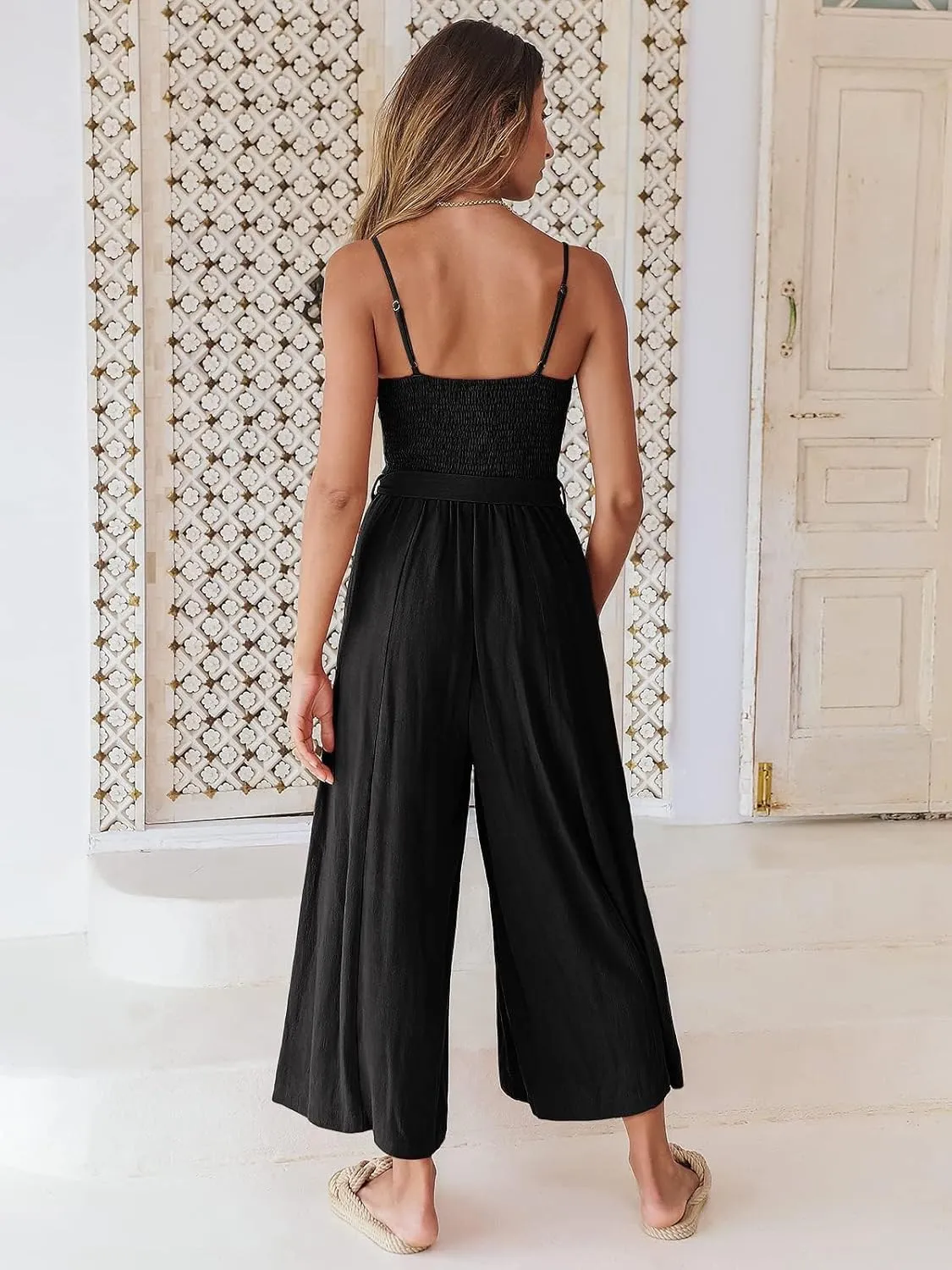 ANRABESS Jumpsuits for Women 2024 Summer Casual Linen Wide Leg V Neck Beach Rompers Dressy Spaghetti Strap Overalls