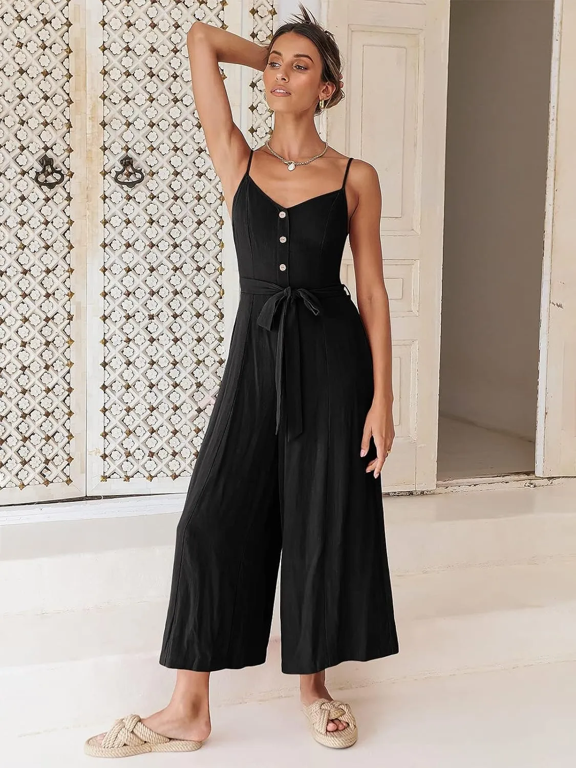 ANRABESS Jumpsuits for Women 2024 Summer Casual Linen Wide Leg V Neck Beach Rompers Dressy Spaghetti Strap Overalls